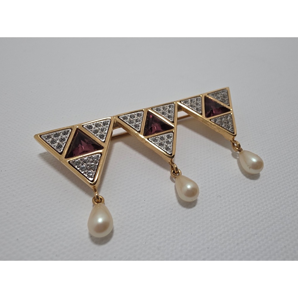 Vintage Monet Gold Tone Triangle Brooch Purple Crystal Faux Pearl Dangle Pin